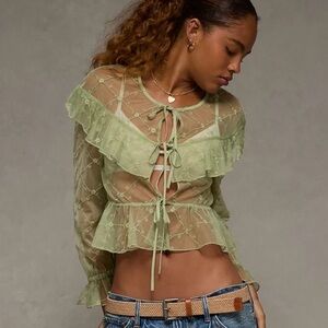 AE American Eagle Embroidered Tie-Front Mesh Lace Blouse